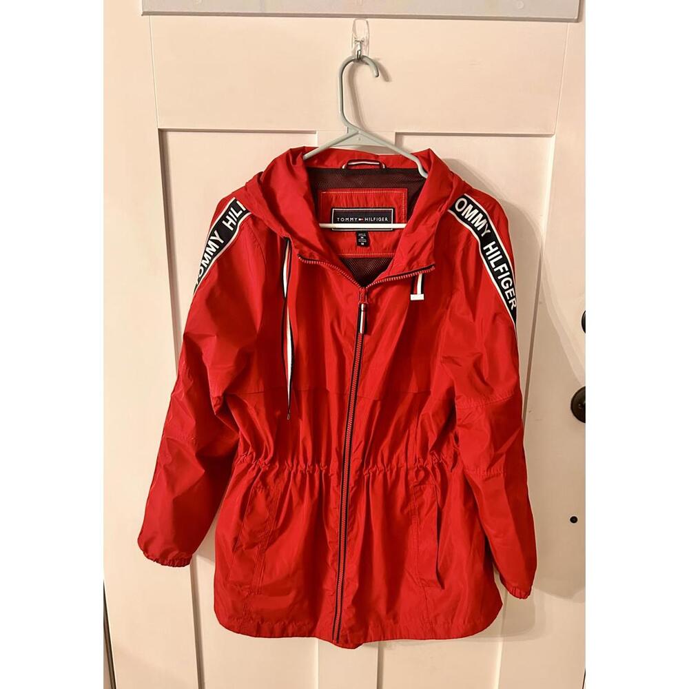 Tommy Hilfiger Red Windbreaker Jacket – Logo Tape Sleeve Zip Up Hoodie